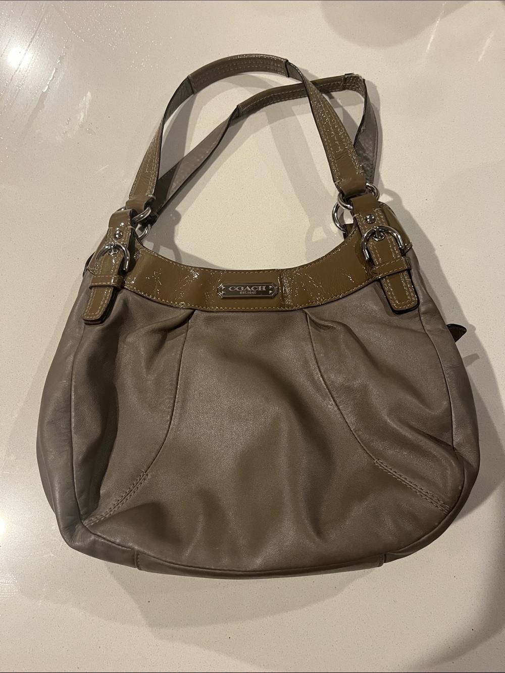 Coach Taupe and Brown Patent Trim Shoulder Bag